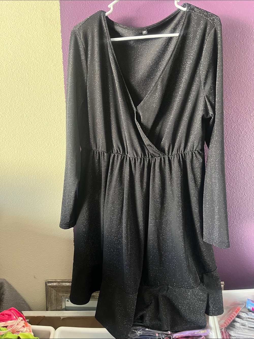 Sparkle Black Long-Sleeve Wrap Party Dress -7